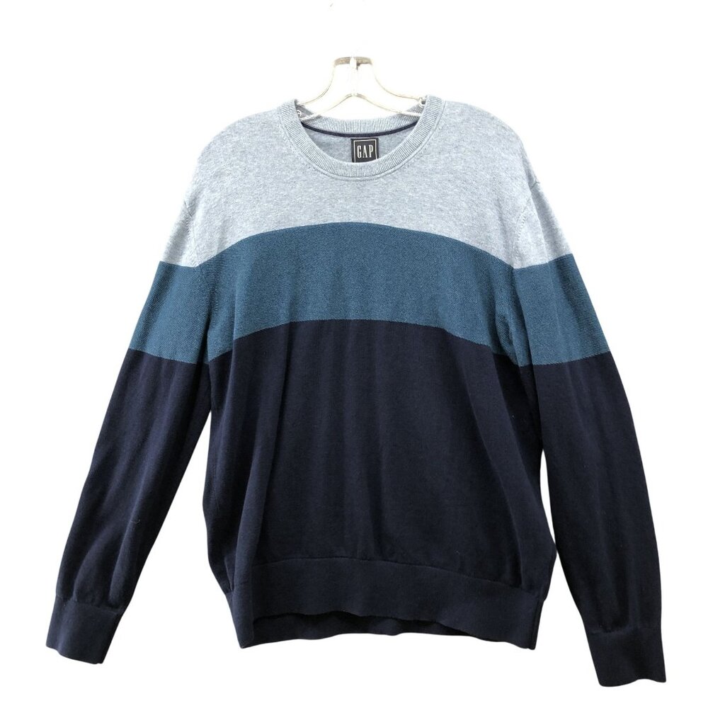 Gap Sweater Mens L Blue Colorblock Cotton Crewneck Knit Pullover Lightweight